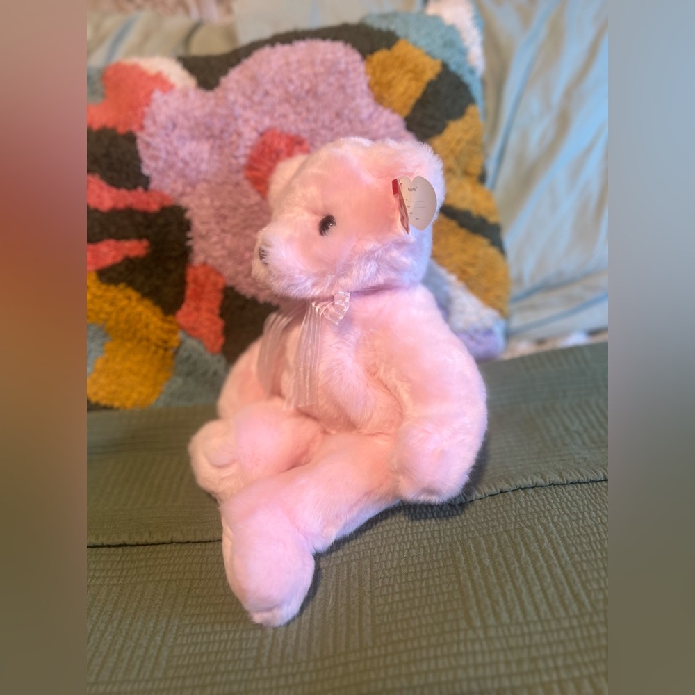 Vintage 2001 Rosette Teddy Bear Light Pink Classic Collectible TY 13” - Picture 2 of 8